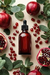 Pomegranate essential oil bottle with fresh fruit and mint leaves, natural skincare concept.