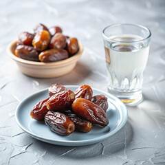A small elegant plate filled with glossy dates beside a cup of Arabic coffee