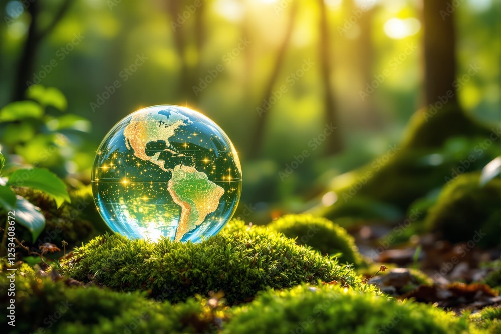 Aufkleber globe with illuminated continents in lush forest setting, glowing with sunlight.