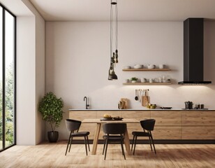 Modern Kitchen interior with empty blank wall for mockup template display. 3D Rendering