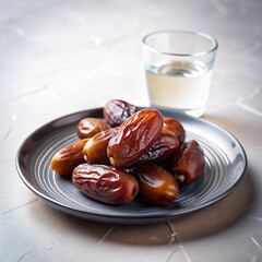 A small elegant plate filled with glossy dates beside a cup of Arabic coffee