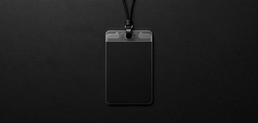 A blank identification badge rests on a dark surface, showcasing a simple design with a lanyard for easy wearing at events or workplaces, ready for customization