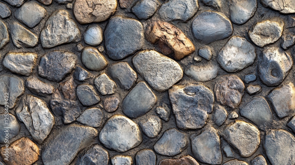 Poster gray cobblestone wall or road background texture. tileable grungy natural rock and stone shaped path
