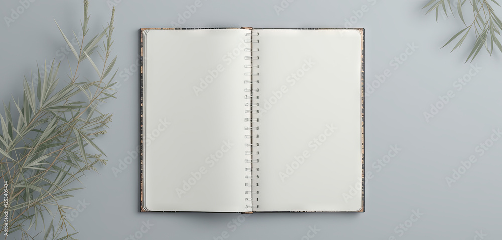 Poster a blank notebook lies open on a flat surface with an inviting pale background. surrounding it are de