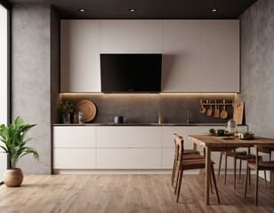 Modern Kitchen interior with empty blank wall for mockup template display. 3D Rendering