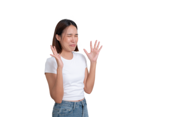 A portrait of young female wear white t-shirt make acting like a surprised