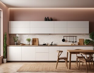 Modern Kitchen interior with empty blank wall for mockup template display. 3D Rendering