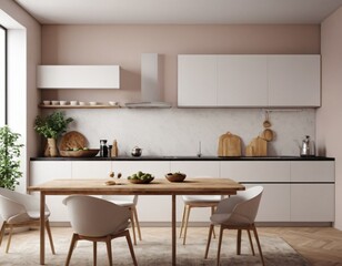 Modern Kitchen interior with empty blank wall for mockup template display. 3D Rendering