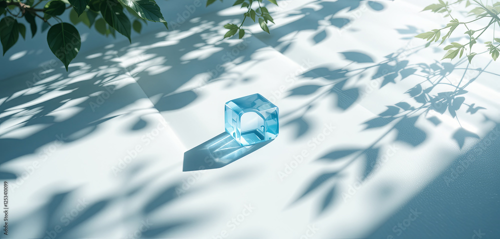 Poster a clear blue cube is positioned on a white surface, creating distinct shadows influenced by green le