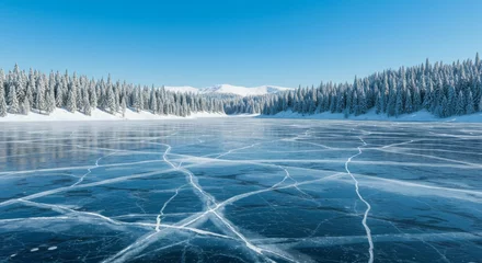 Rolgordijnen zonder boren Frozen Lake Landscape with Cracked Ice and Snowy Forest in Winter © mhmdyatt