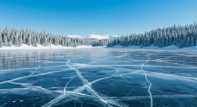 Frozen Lake Landscape with Cracked Ice and Snowy Forest in Winter