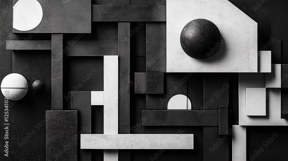 Poster geometric architecture of black and white shapes creating a striking visual contrast and depth