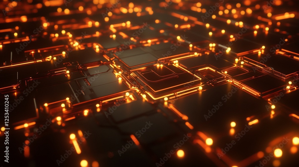 Poster abstract glowing circuit board with orange lights for technology and science concepts