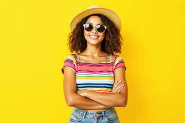 Fototapeta premium Woman in sunglasses and striped shirt smiling confidently on a vibrant yellow background.