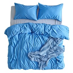 A neatly arranged blue bedding set with pillows, showcasing a cozy bedroom aesthetic. isolated on white background