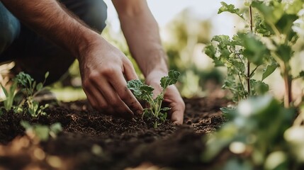 Family enjoys planting vegetables together in their backyard garden during a sunny afternoon