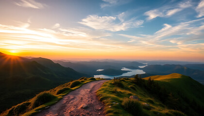 Breathtaking Mountain Path with Scenic Lake View at Sunset Nature Travel 
