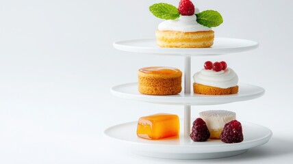 An elegant tiered dessert display featuring assorted pastries and berries.