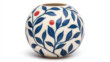 Decorative vase with blue leaves and red details, isolated on white background.