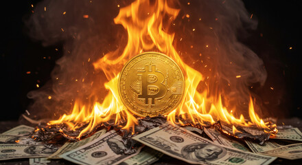 Bitcoin on flames above a burning pile of dollar bills, crypto, blockchain finance