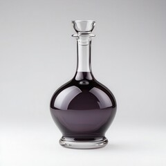 Elegant glass decanter with dark liquid, white isolated background.