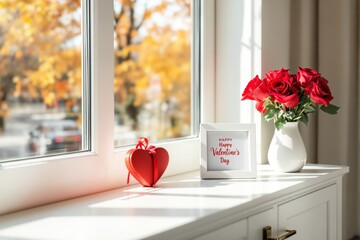 Valentine's Day decoration with roses and heart-shaped gift on sunny windowsill.