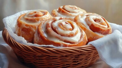 Delicious Cinnamon Rolls with Cream Cheese Icing in a Wicker Basket