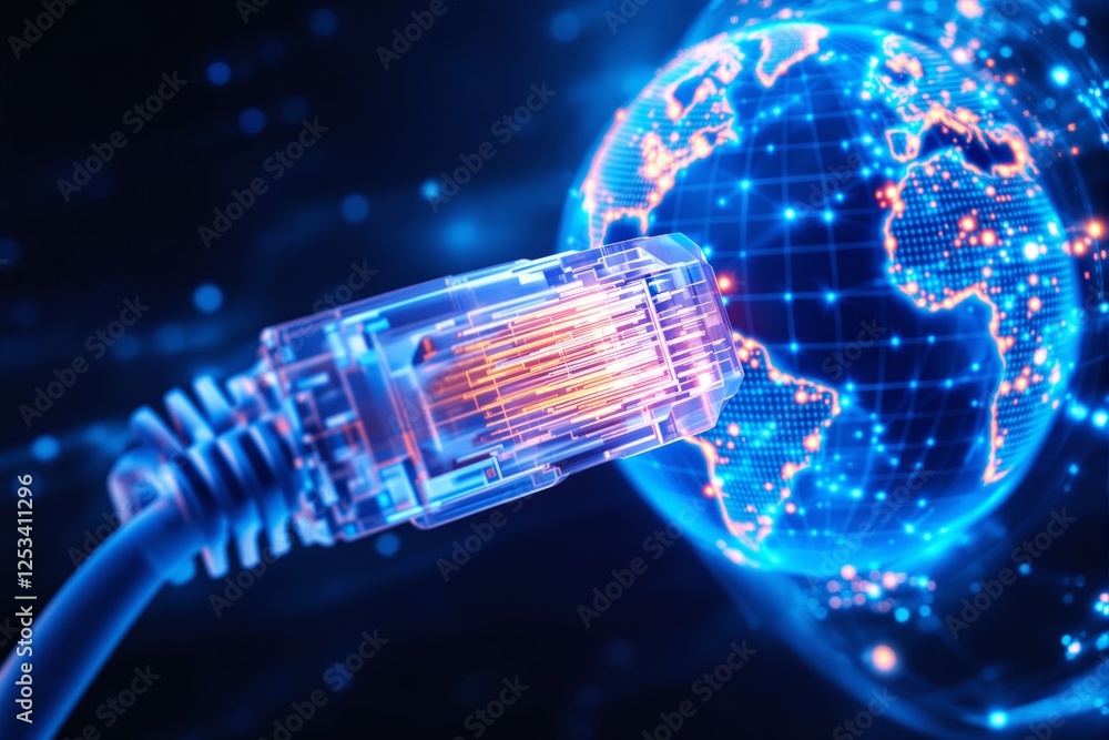 Poster futuristic network cable with glowing digital globe in background.
