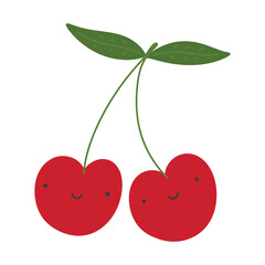 Cute smiling cherries character with kawaii smile face. Simple hand drawn childish vector illustration isolated on transparent background