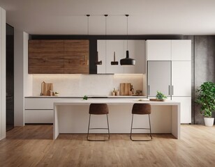 Modern Kitchen interior with empty blank wall for mockup template display. 3D Rendering
