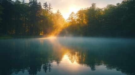 Sunrise over misty lake, forest reflections, tranquil scene, nature photography