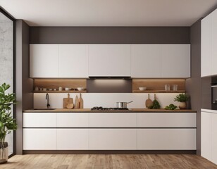 Modern Kitchen interior with empty blank wall for mockup template display. 3D Rendering