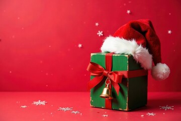A Festive Green Gift Box Adorned with a Red Bow and a Golden Bell, Topped with a Santa Hat Against a Red Background with Falling Snowflakes