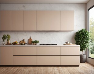 Modern Kitchen interior with empty blank wall for mockup template display. 3D Rendering