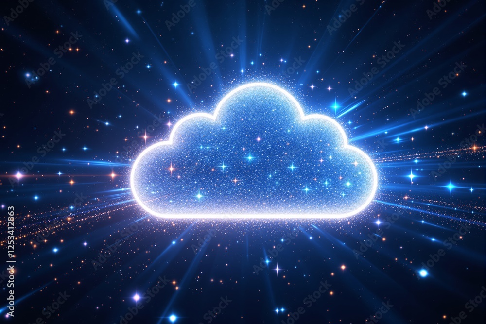 Poster glowing cloud with sparkling stars and light rays on a dark cosmic background.