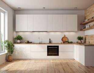 Modern Kitchen interior with empty blank wall for mockup template display. 3D Rendering
