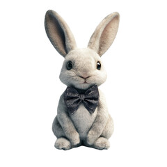 a stuffed rabbit with a bow tie sitting on a white surface