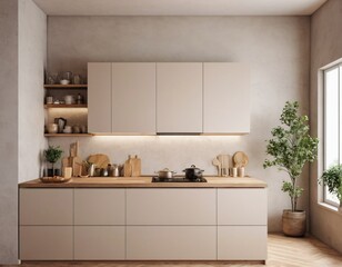 Fototapeta premium Modern Kitchen interior with empty blank wall for mockup template display. 3D Rendering