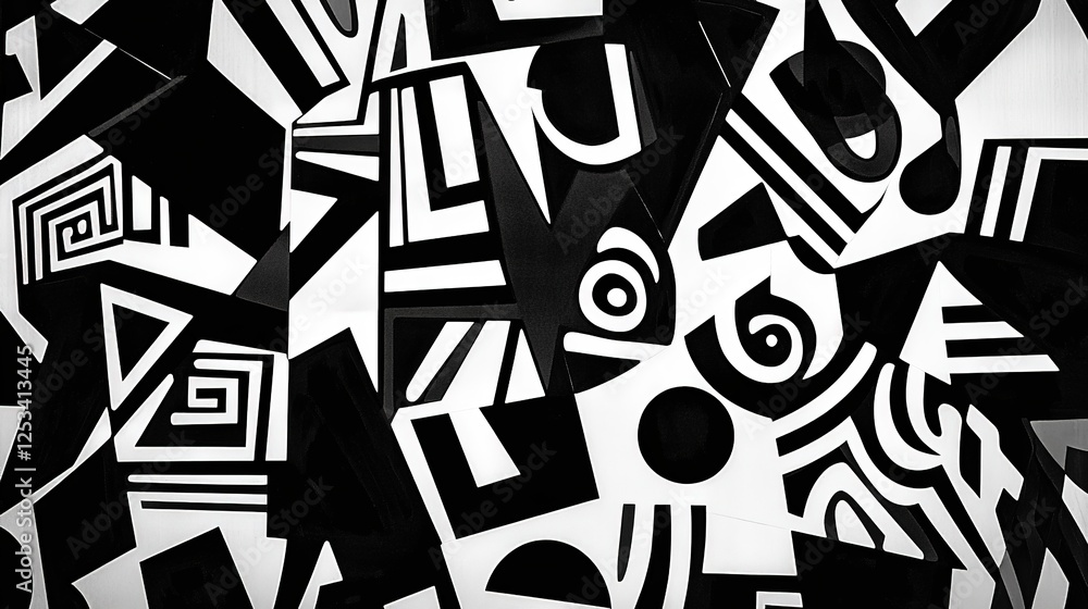 Poster intricate black and white abstract pattern featuring overlapping geometric shapes and lines