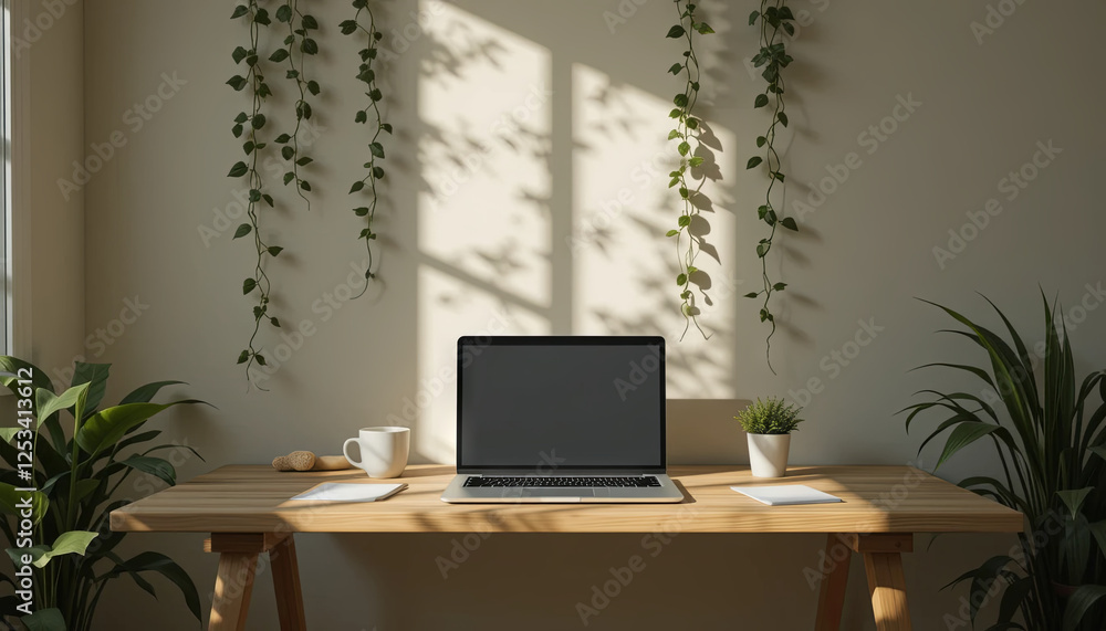 Poster a stylish desk setup features a laptop, cup, and notebook surrounded by plants. sunlight streams thr