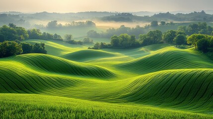 Fototapeta premium Sunrise over rolling green hills, misty landscape, farmland, peaceful morning scene
