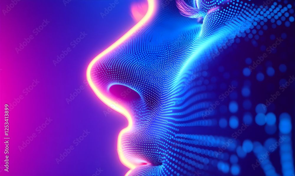Canvas Prints neon glowing face with energy waves going trough the skin. data waves.ai technologies penetrating in