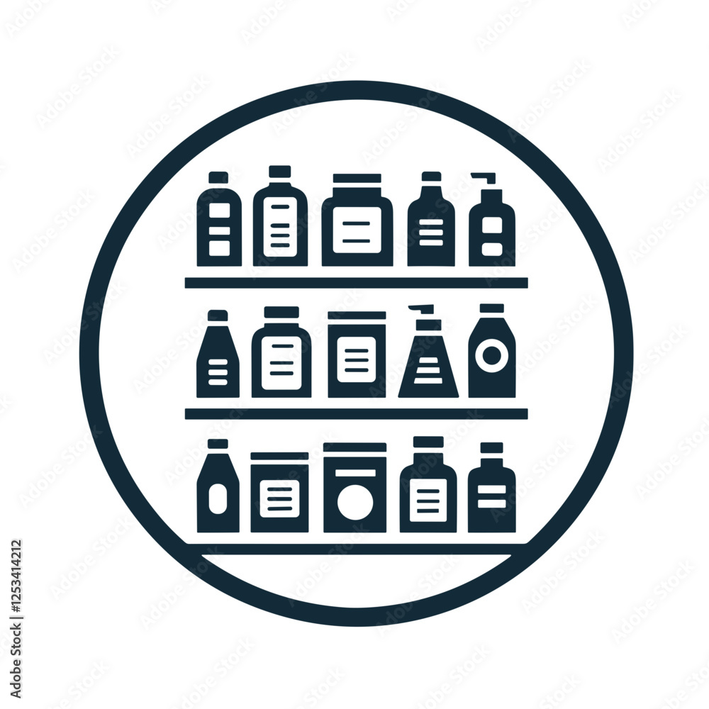Poster minimalist design flat icon of a product shelf with evenly spaced items and bold labels