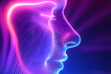 Neon glowing face with energy waves going trough the skin. Data waves.AI technologies penetrating into people's lives