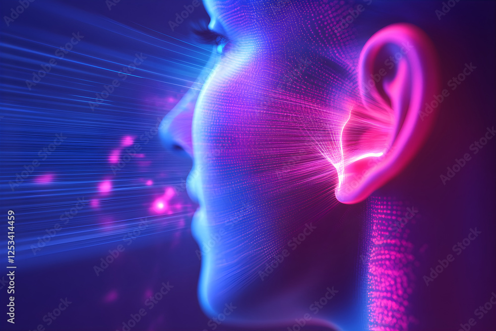 Canvas Prints neon glowing face with energy waves going trough the skin. data waves.ai technologies penetrating in