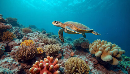 Vibrant coral reefs teeming with colorful fish thrive in the deep blue sea