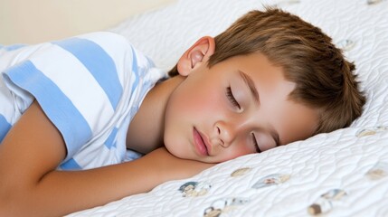 Sweet little boy peacefully sleeping on a soft white blanket, enjoying a peaceful nap in a calm and cozy environment. The innocence and tranquility of a child's sleep captured in a serene moment