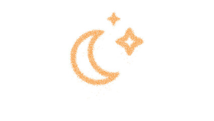 Icon moon stars is made of yellow grains of sand. Some grains of sand fall down. Transparent background. Black