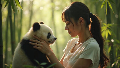 A young couple shares a kiss amidst playful pandas