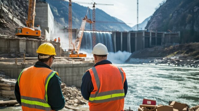 A hydroelectric dam construction site with engineers surveying the river flow, Dam construction scene, Hydroelectric and environmental style